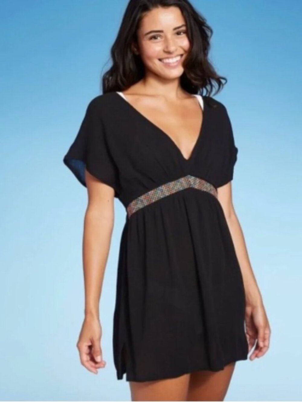 Xhilaration Women's Black Embroidered V-Neck Swim Coverup